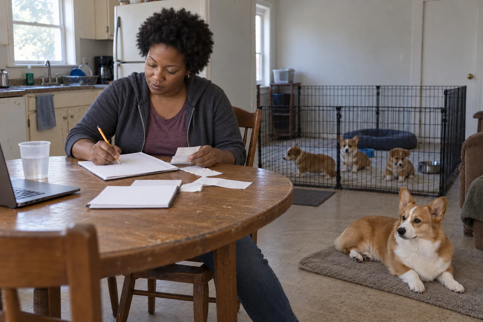 A woman in a faded hoodie sorts receipts at a basic kitchen table while a Corgi rests nearby and puppies stay in a pen.