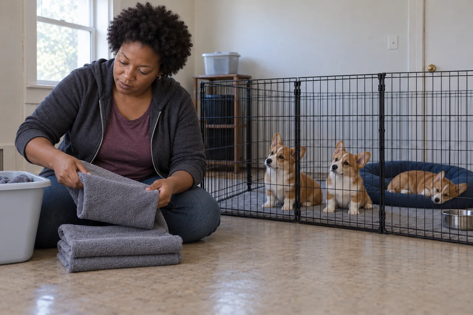 Three Corgi puppies rest and watch a caregiver folding plain bedding outside their secure pen.
