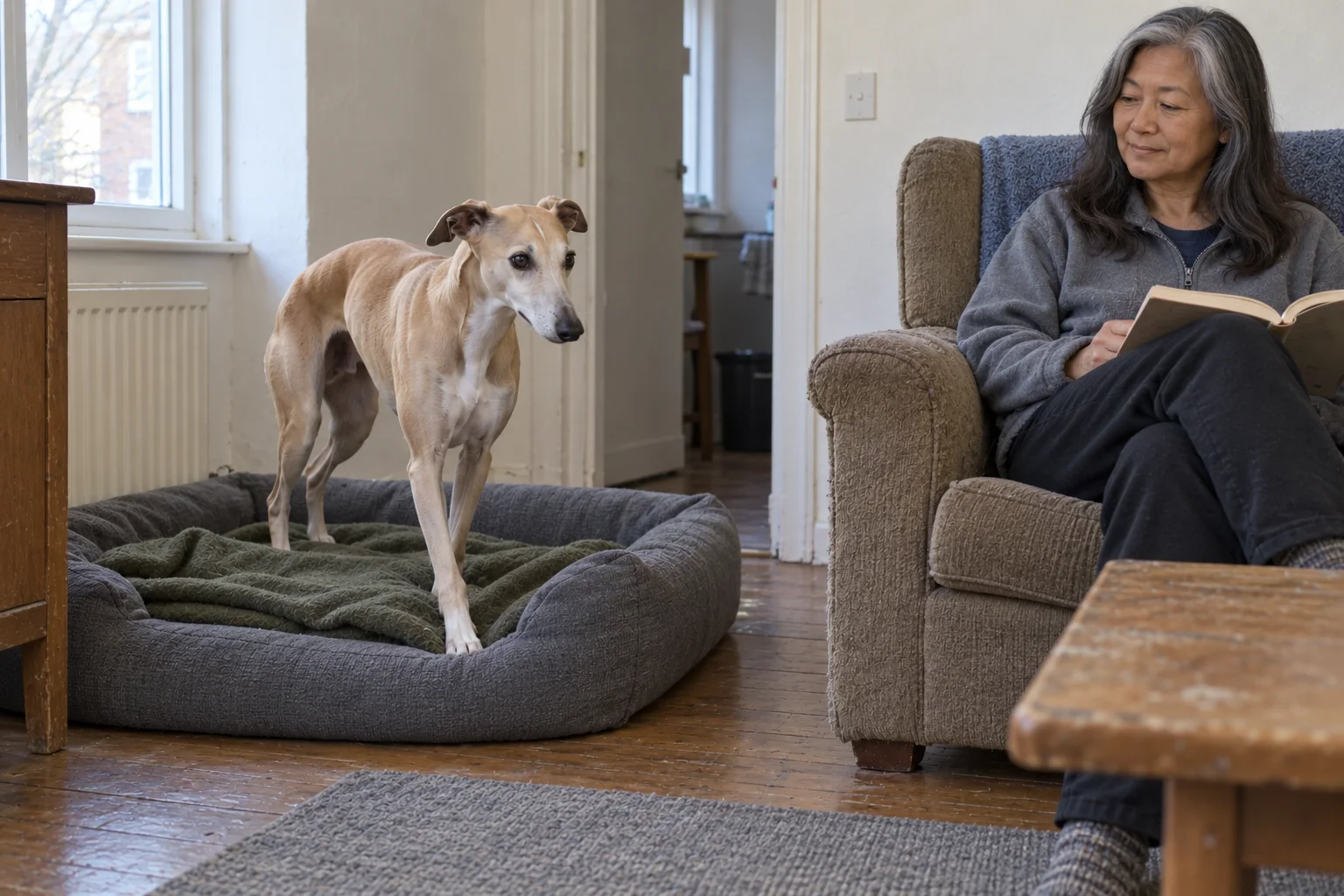 An adult fawn Whippet stands on a plain low dog bed beside a woman reading in an older armchair.