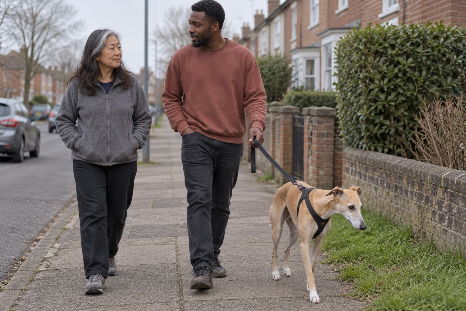 Two caregivers walk an adult fawn Whippet on a slack lead along a plain residential pavement.