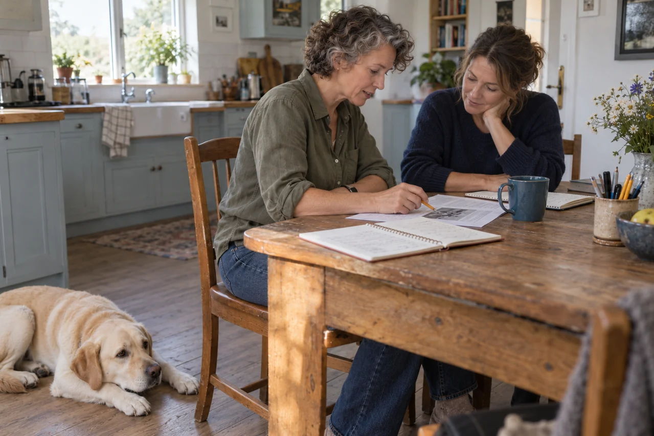 Two women discuss a printed paper at the oak table; one points with a pencil while the Labrador rests nearby.
