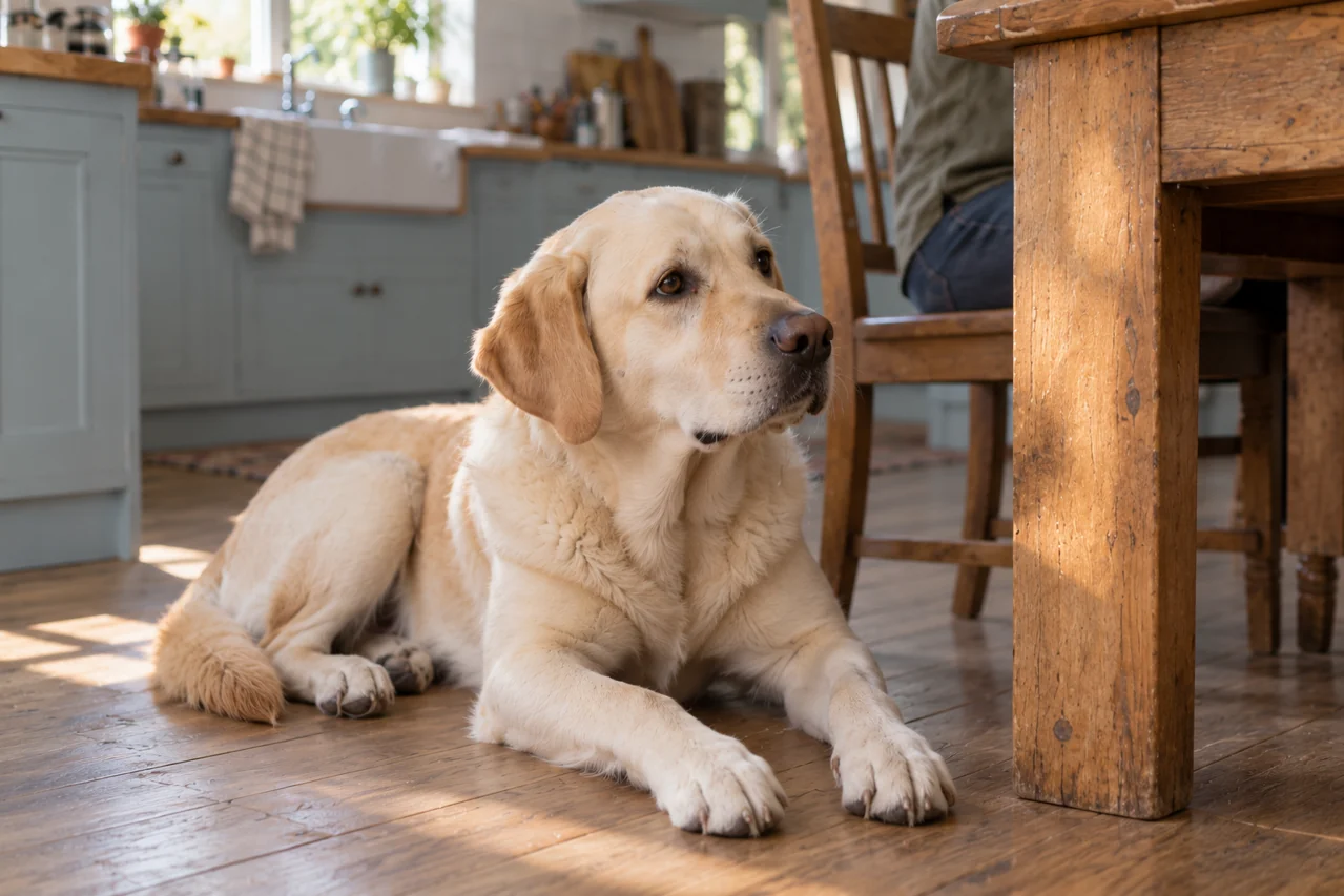 An adult yellow Labrador rests beside the kitchen table, looking up into the window light.