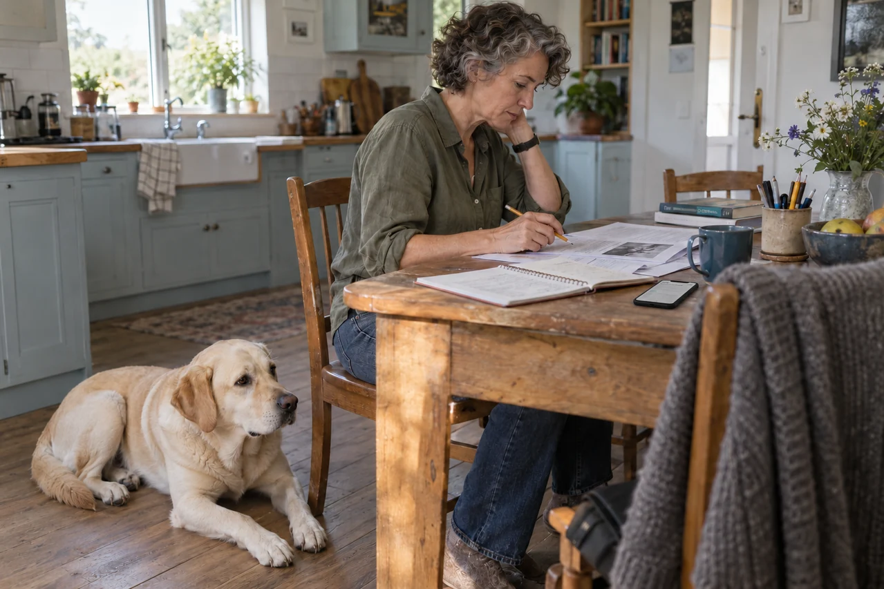 A woman follows a printed paper with a pencil at an oak kitchen table while a yellow Labrador rests beside her chair.