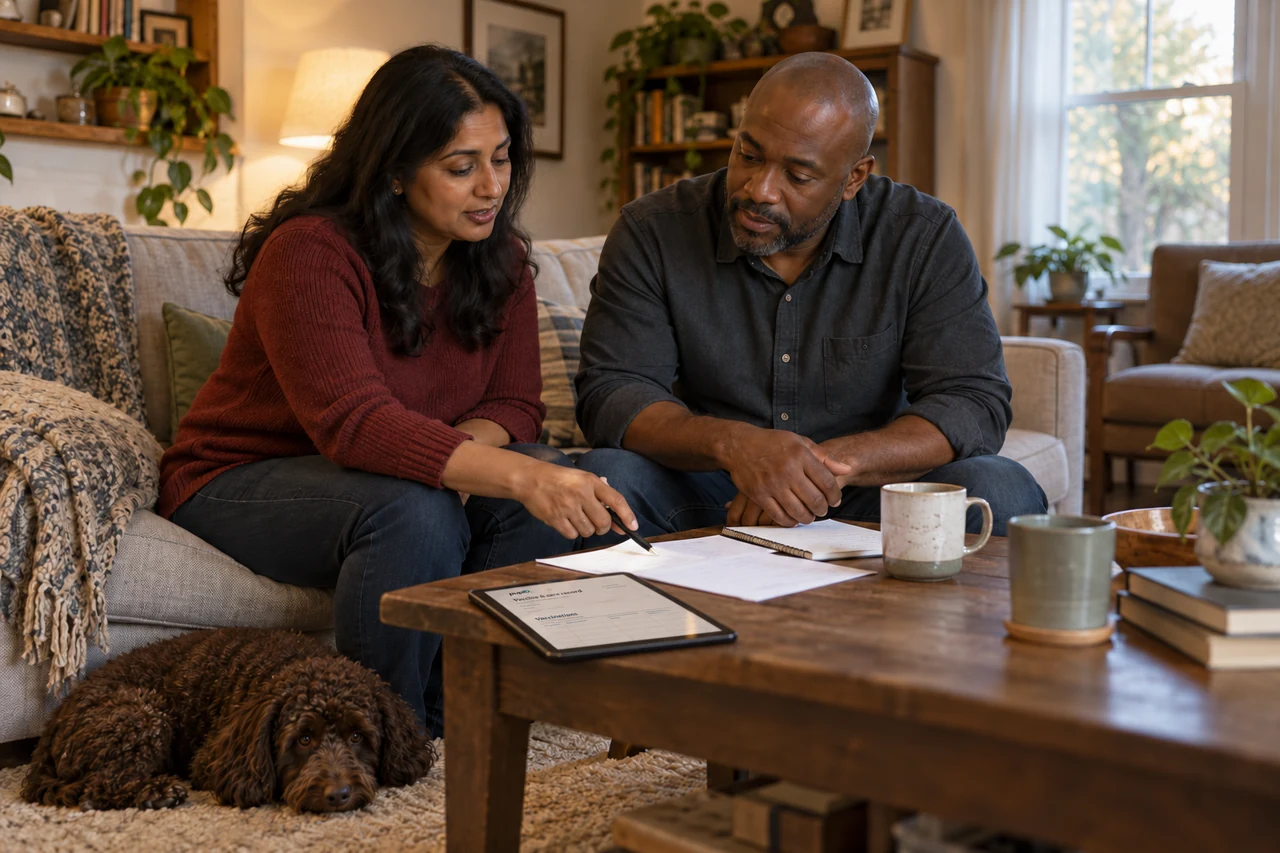 Two adults discuss paper notes beside a chocolate miniature Poodle in a living room.