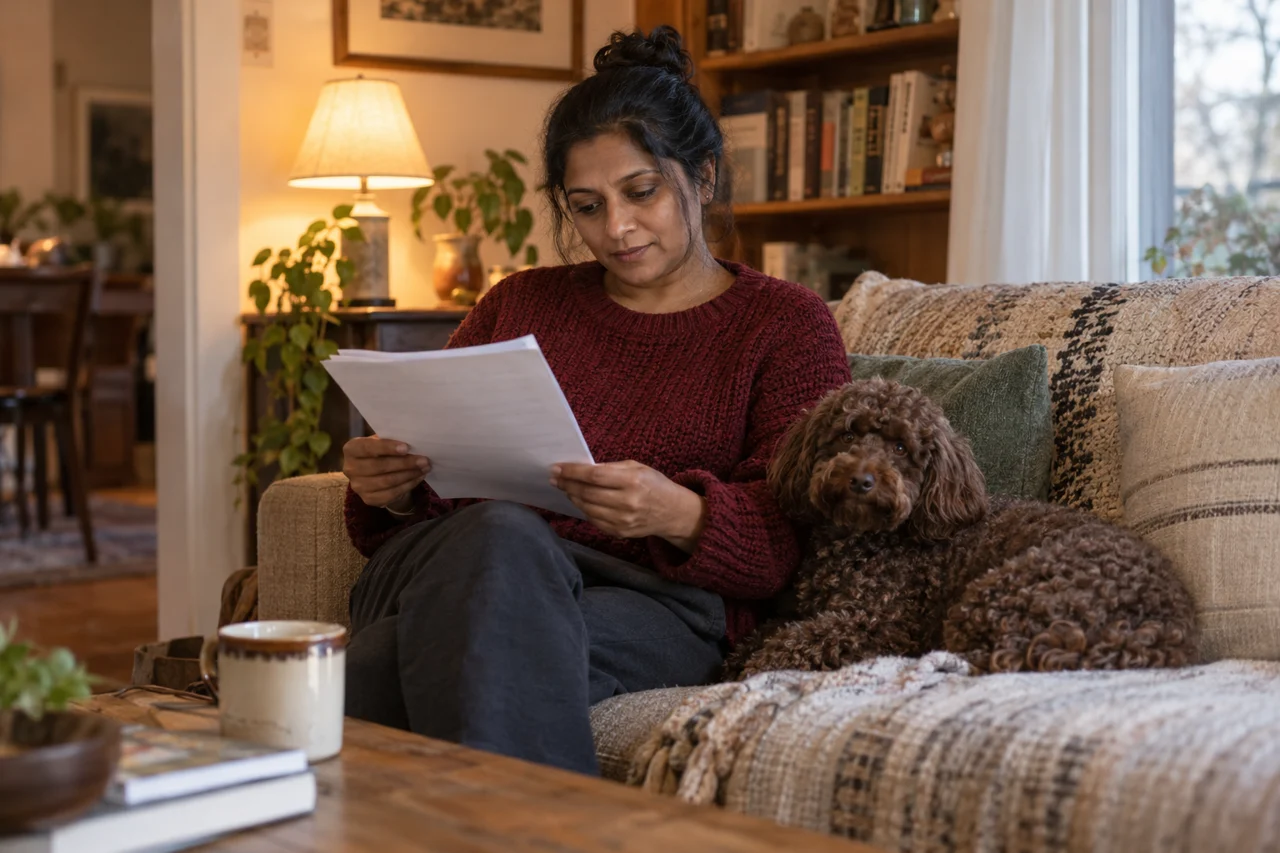 A woman in a red sweater reads a paper report beside a chocolate miniature Poodle on a sofa.