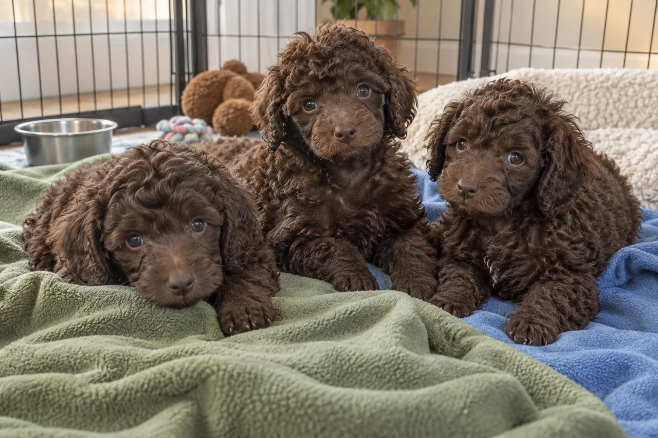 Three chocolate miniature Poodle puppies rest awake on plain blankets in a clean home pen.