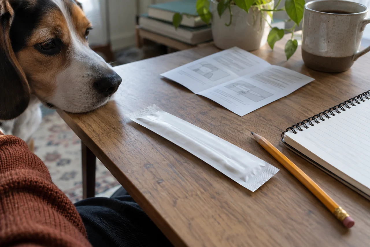 An unopened plain swab envelope, notebook and instructions lie on a desk beside a Beagle.