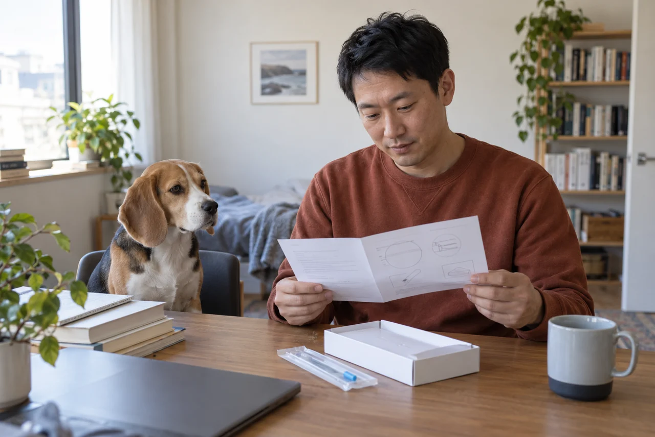 A man in a rust sweatshirt reads kit instructions at a bright apartment desk beside a Beagle.