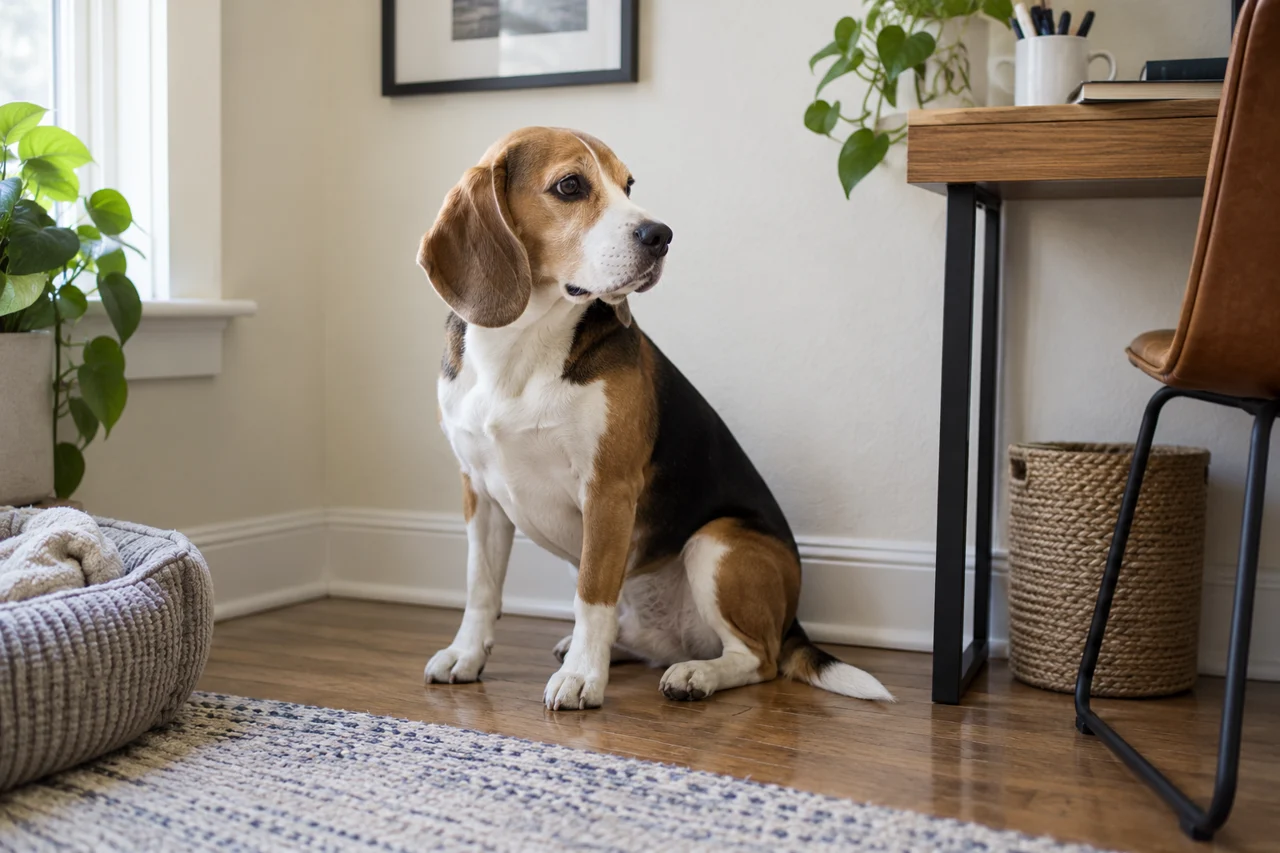A tricolor Beagle sits near a cream wall in natural window light.