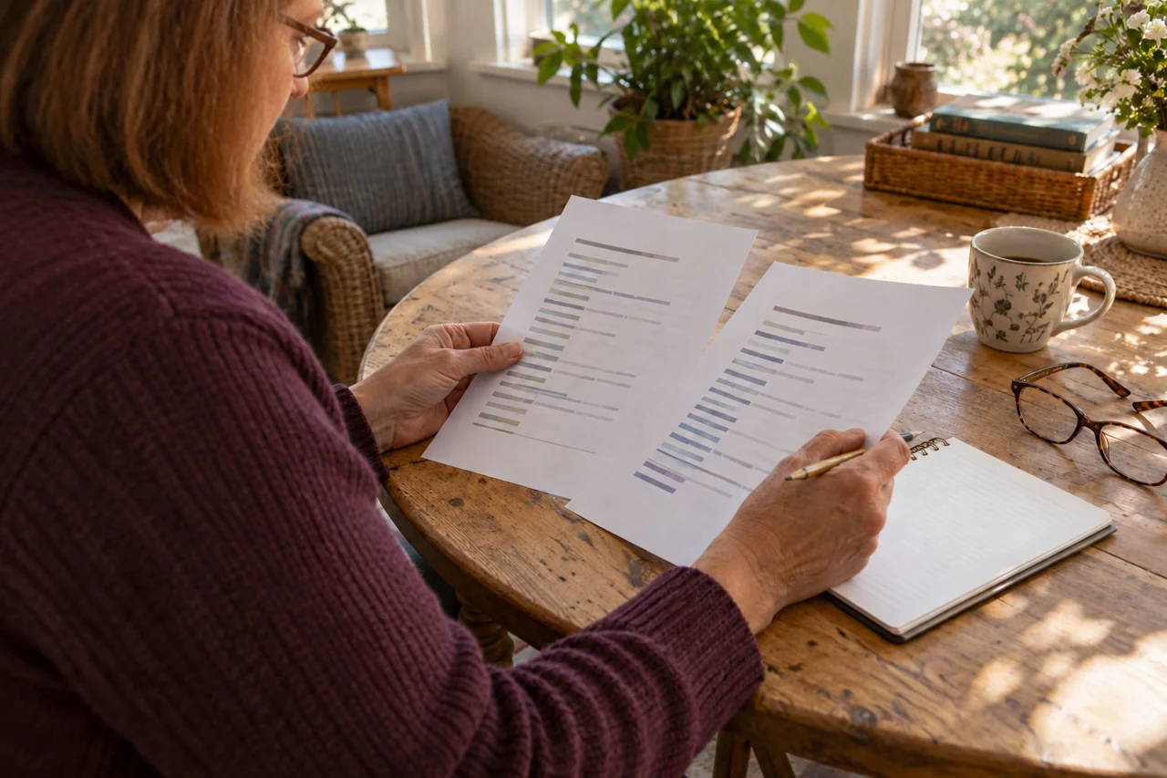 Hands compare two paper reports beside a notebook on a pine table.