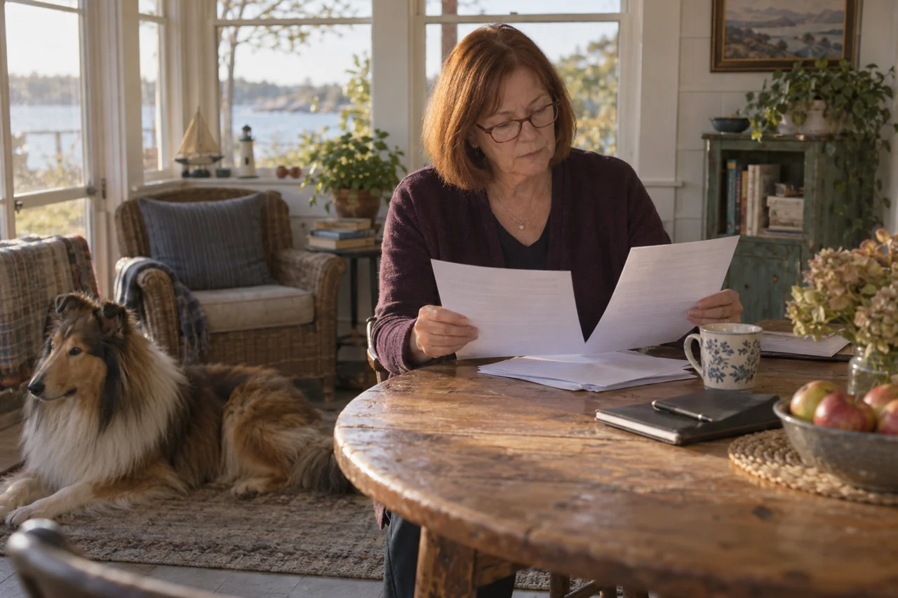 A woman in a plum cardigan compares paper reports at a pine table with a rough Collie nearby.