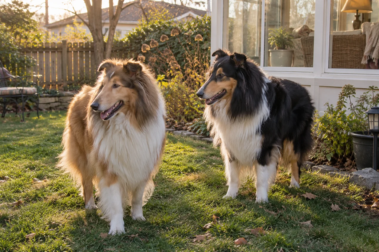 A sable and a tricolor rough Collie stand in an ordinary grassy yard.
