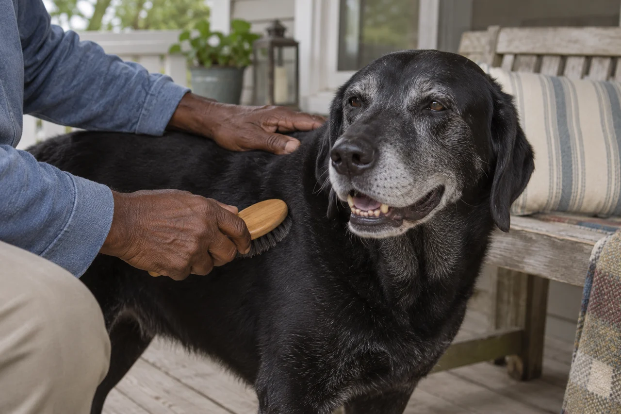 Hands gently brush a gray-muzzled black Labrador on a porch.