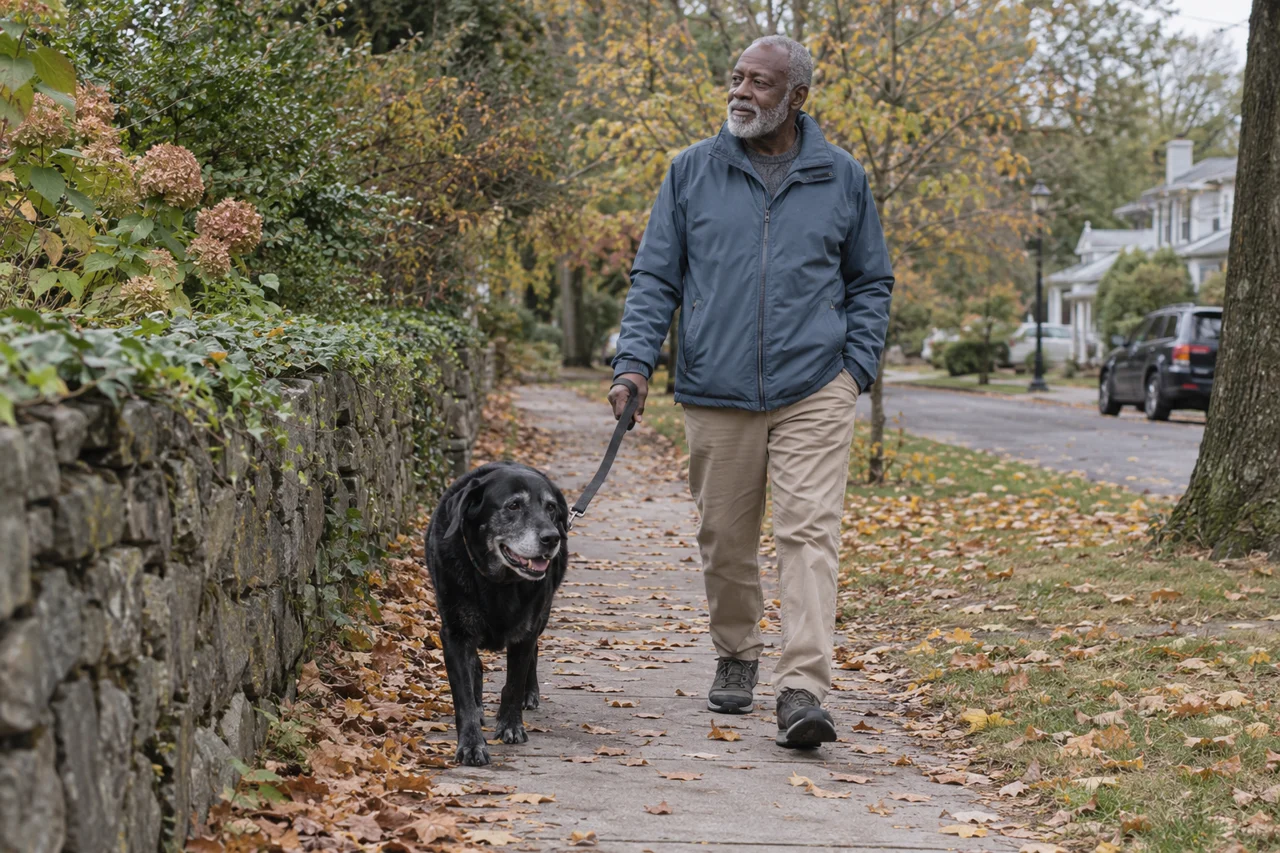 An older man in a blue jacket walks a gray-muzzled black Labrador along a leafy path.