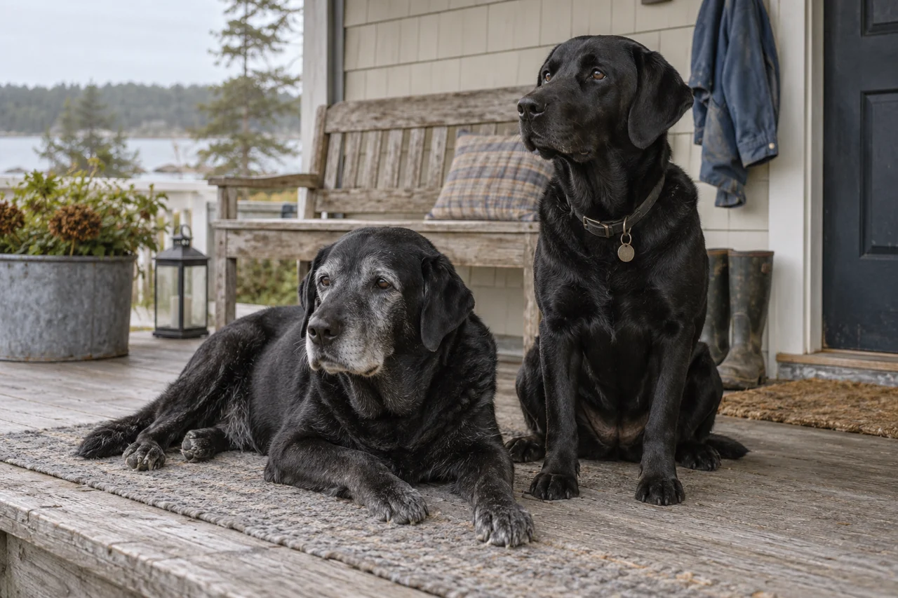 An older and a younger black Labrador rest together on a covered porch.
