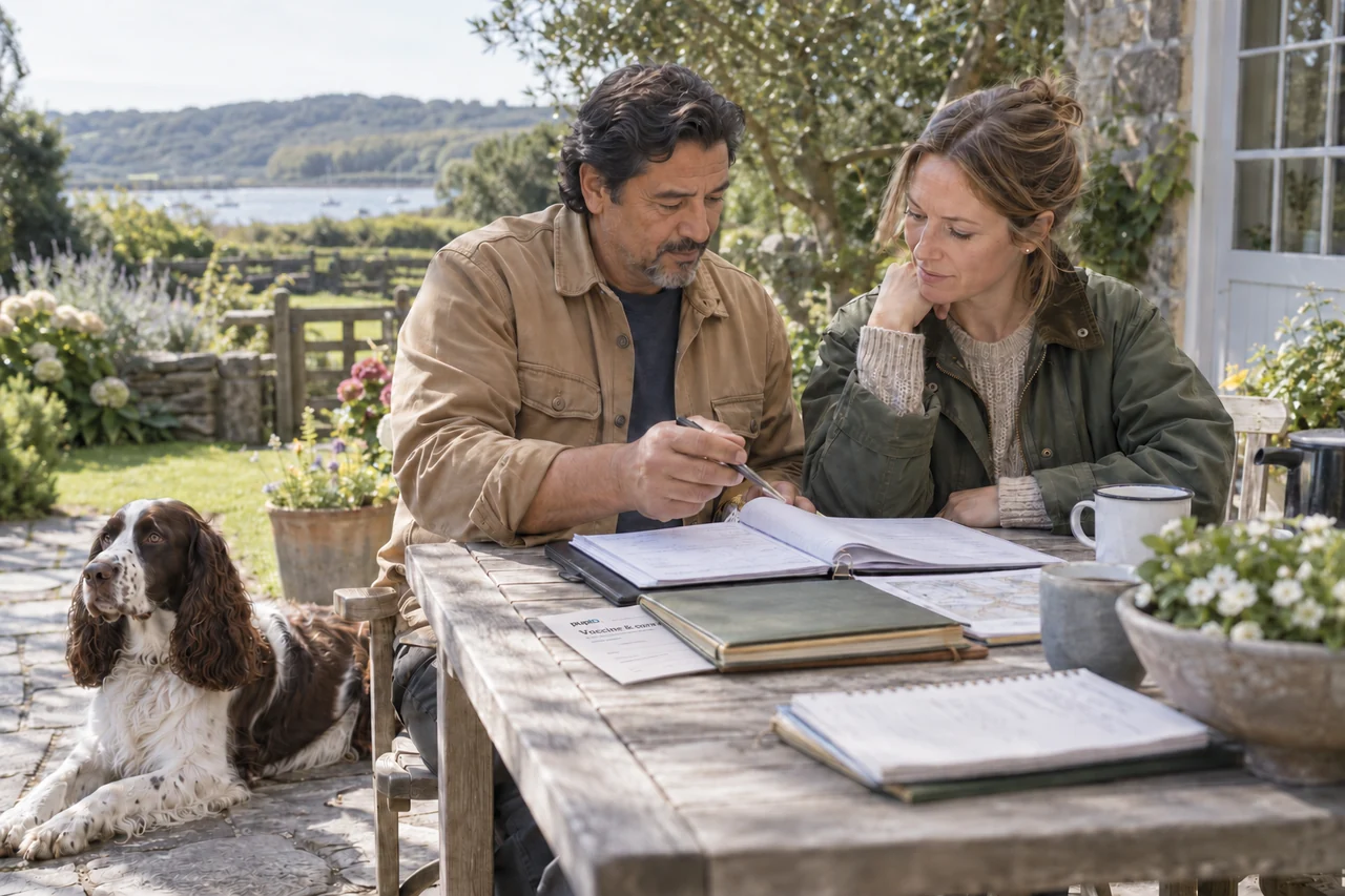Two breeders discuss pedigree notes at an outdoor table beside an English Springer Spaniel.