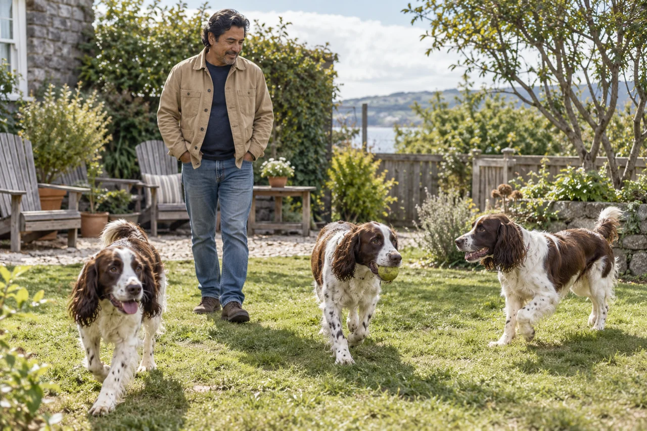 A man in a tan overshirt watches three adult English Springer Spaniels in a modest garden.