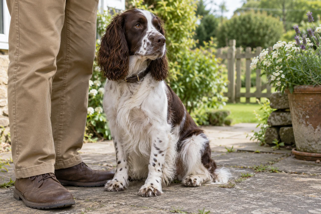 A brown-and-white English Springer Spaniel sits beside a handler in an ordinary garden.