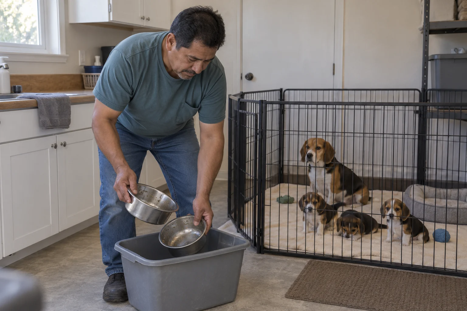 A caregiver collects used steel bowls into a grey tub outside a pen with a beagle mother and three puppies.
