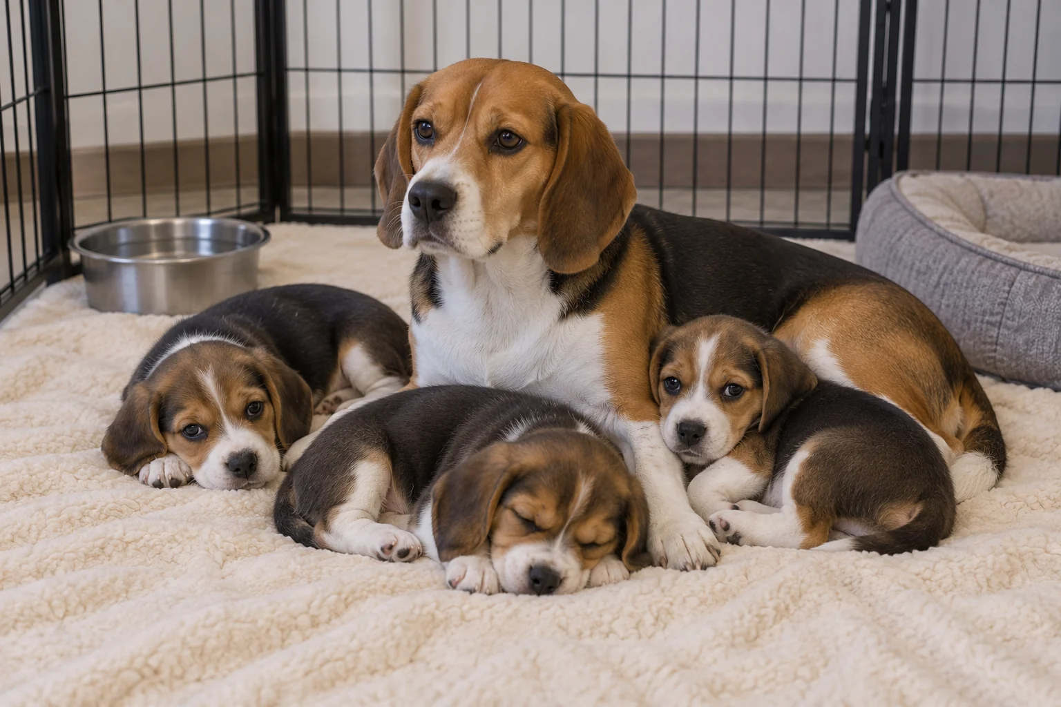 A beagle mother and three young puppies rest on plain cream bedding inside their pen.