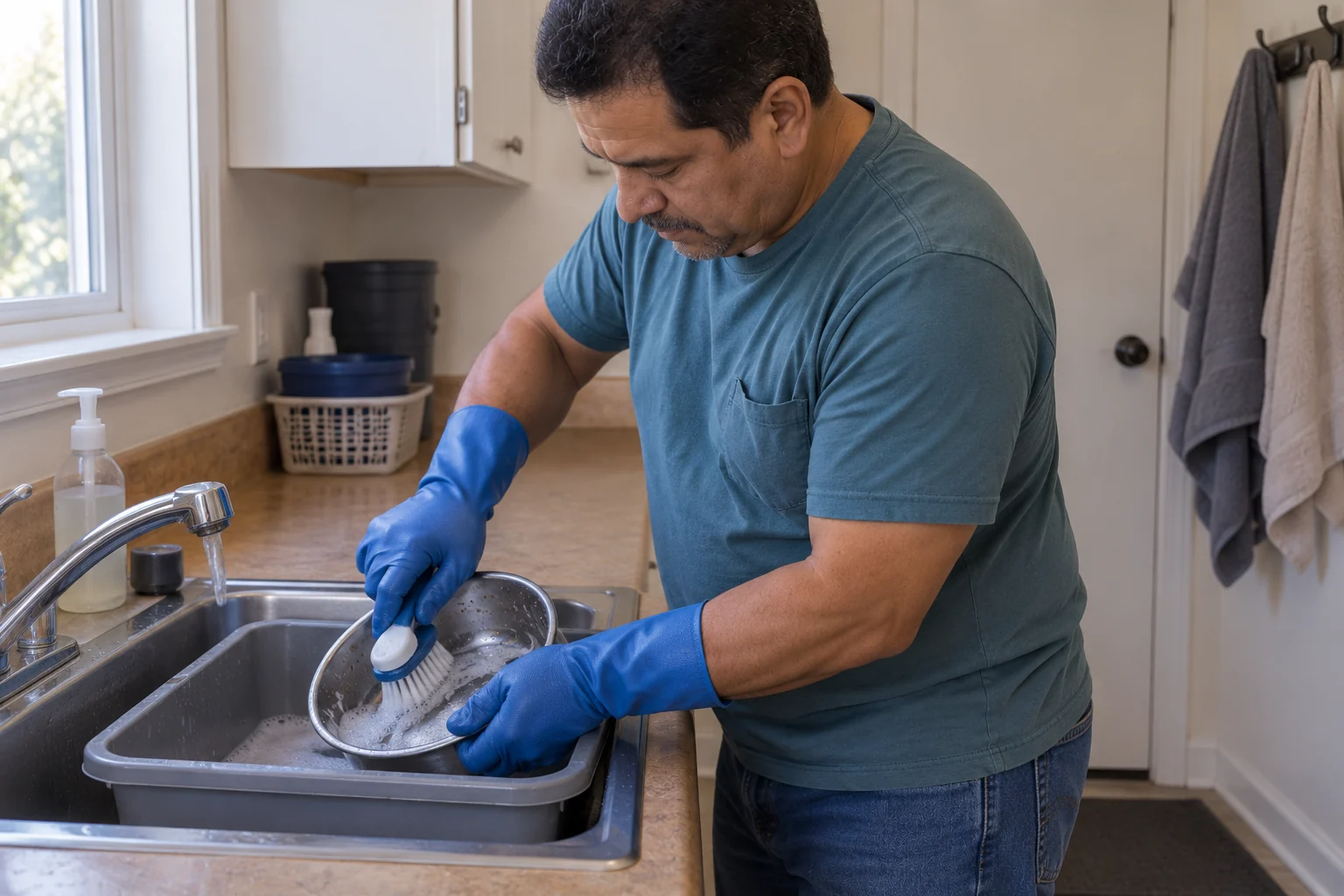 A caregiver scrubs a steel bowl with a brush in a dedicated grey washing tub at a utility sink.