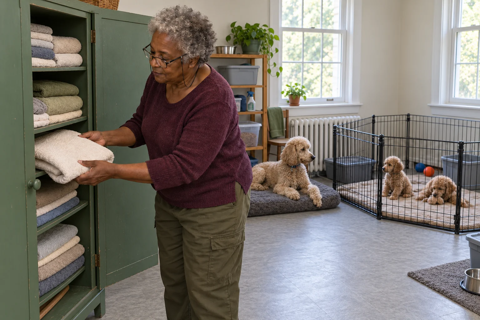 An older caregiver takes a clean towel from a green cupboard; an apricot poodle and two puppies rest nearby.