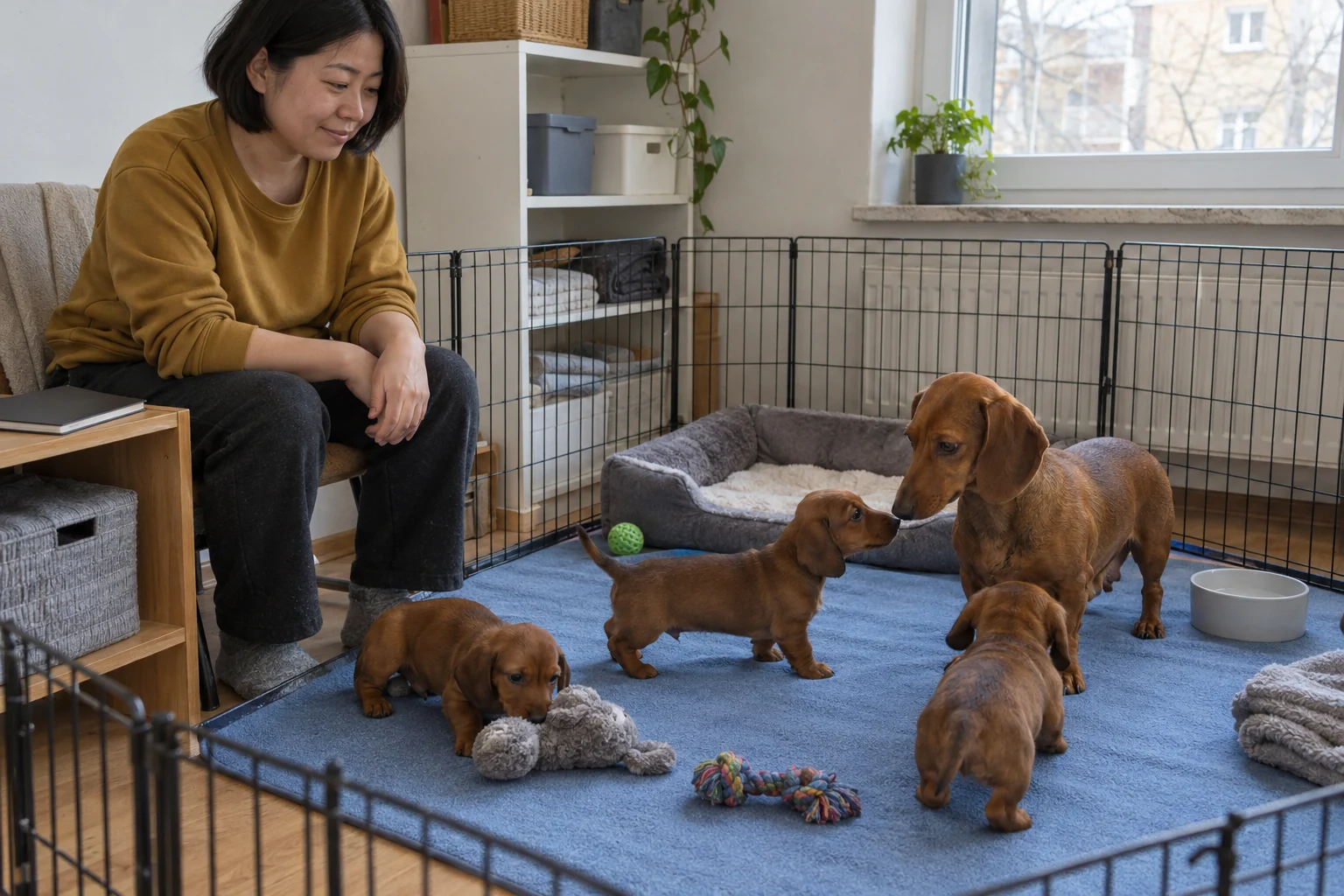 A caregiver quietly watches a dachshund mother and three puppies on a plain blue mat in a compact room.