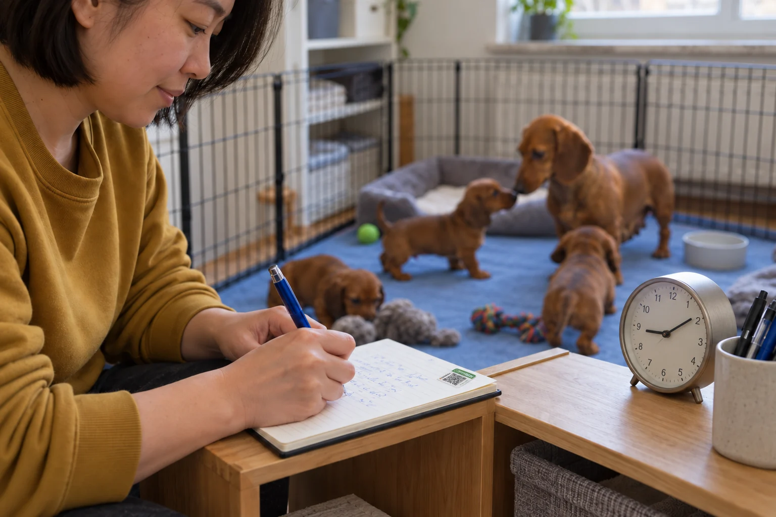 A caregiver writes in a notebook beside an ordinary clock, with the dachshund litter behind the work area.