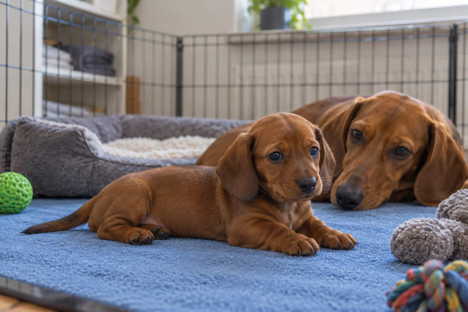 A young red dachshund puppy rests with its head raised on a blue mat, with its mother nearby.