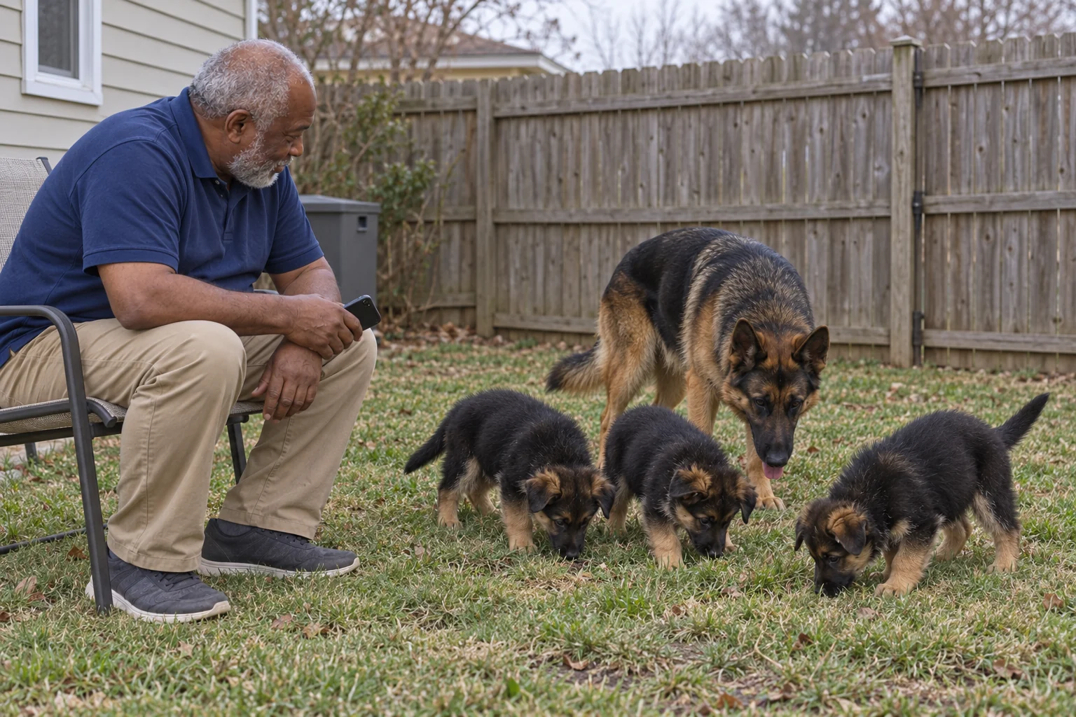 A caregiver with a lowered phone watches a German shepherd mother and three puppies sniff grass in a small fenced yard.
