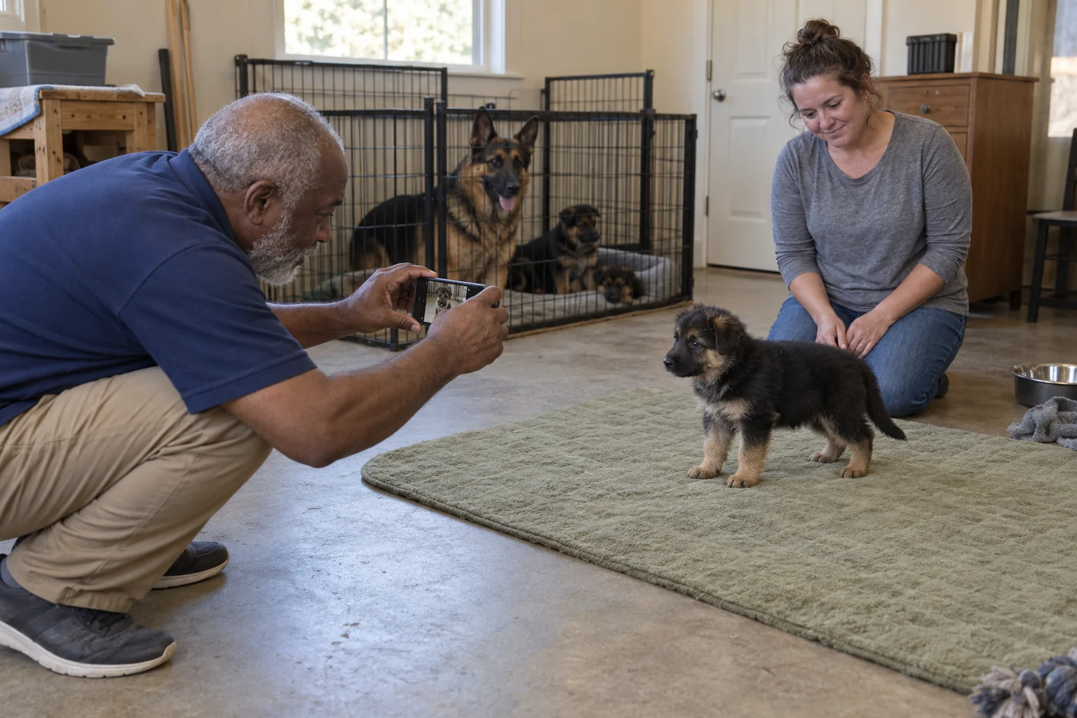An older caregiver crouches with a phone at puppy level while a helper supervises a German shepherd puppy on a floor mat.
