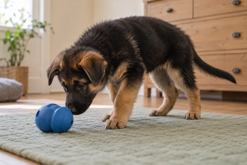 A German shepherd puppy lowers its nose to sniff a large blue rubber toy on a sage mat.