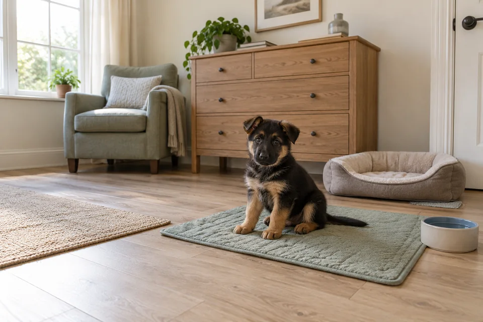 A small German shepherd puppy sits on a mat in a wider room view with an armchair, dresser, dog bed and water bowl for scale.