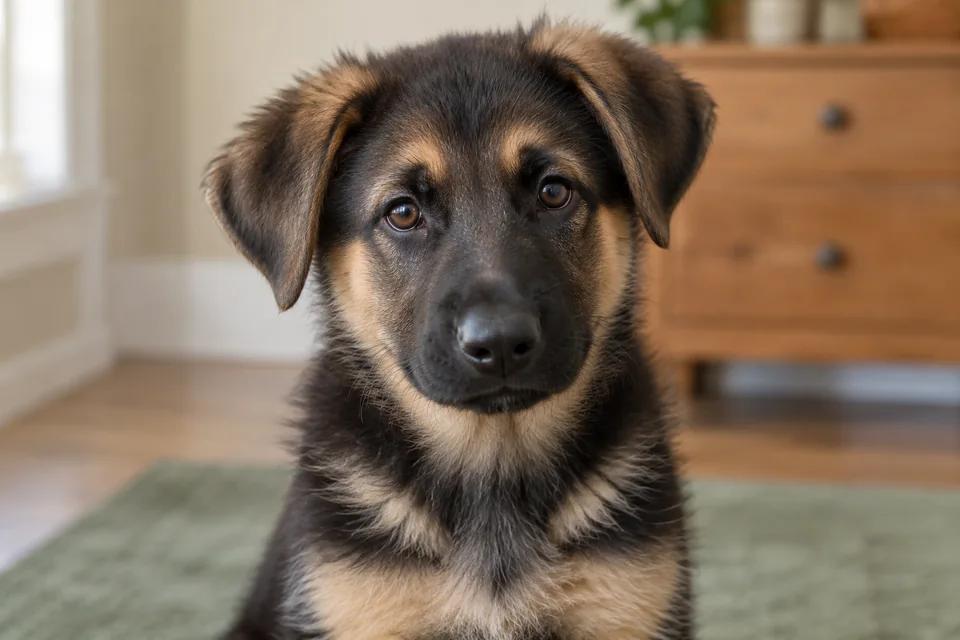 An eye-level portrait shows a German shepherd puppy’s eyes, nose, both floppy ears and upper chest clearly.