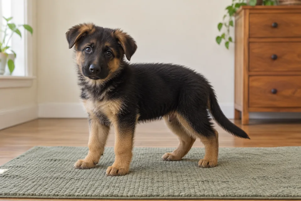 A German shepherd puppy stands on a sage mat with its whole body, all four paws, ears and tail inside the frame.