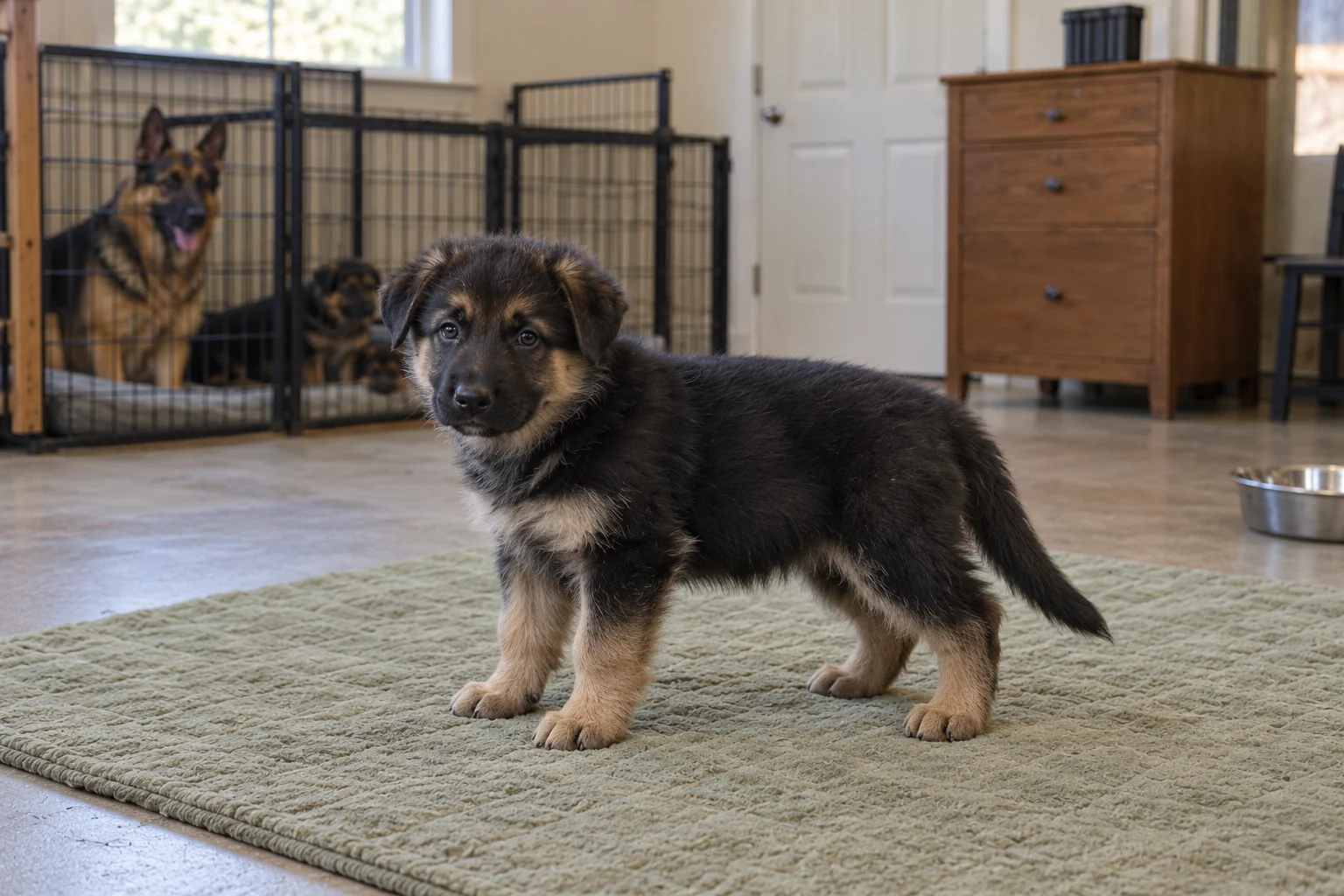 A black-and-tan German shepherd puppy stands naturally on a sage mat with its whole body, feet and tail visible.
