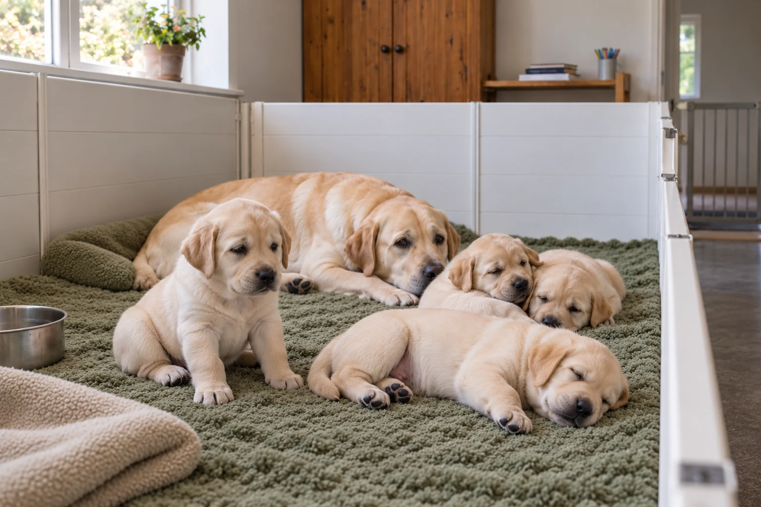 Four yellow Labrador puppies sit and sleep on a sage mat with their mother resting behind them.