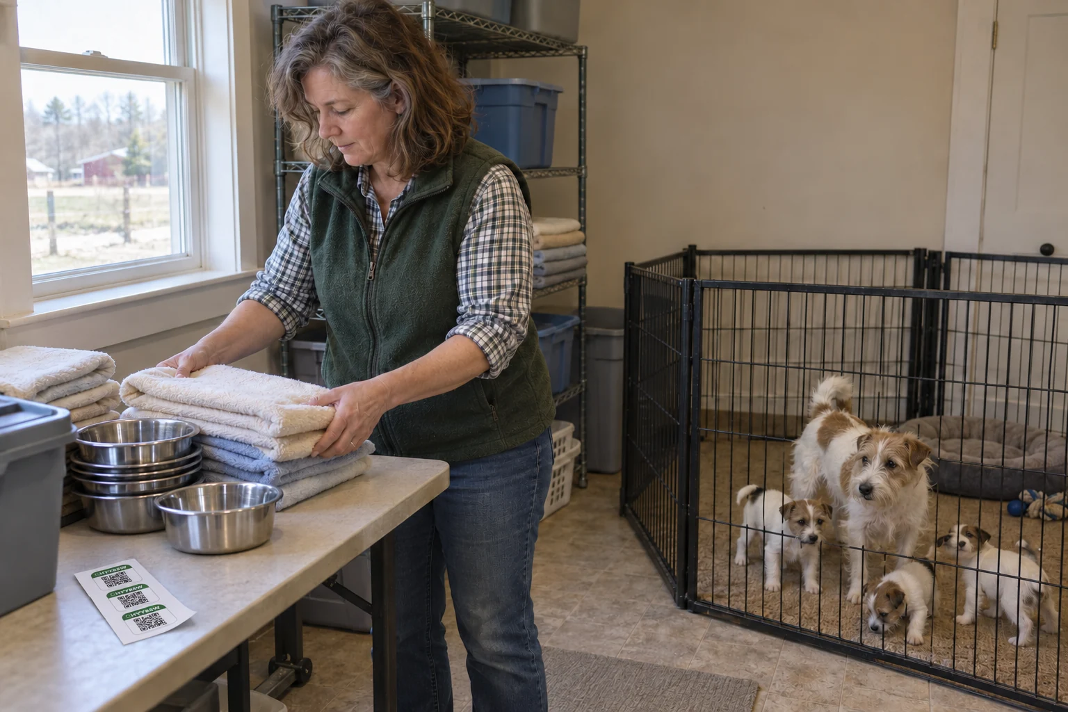A caregiver groups plain towels and steel bowls on a practical worktable near a terrier mother and puppies in their pen.