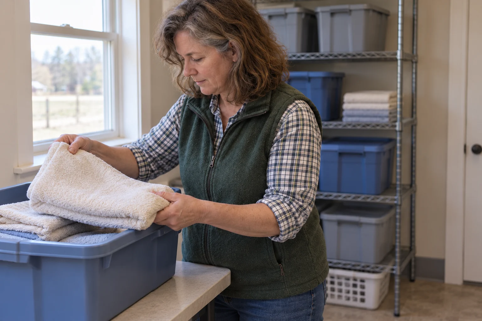 A caregiver lifts a clean towel from a plain blue daily-use tub, with closed reserve containers behind.