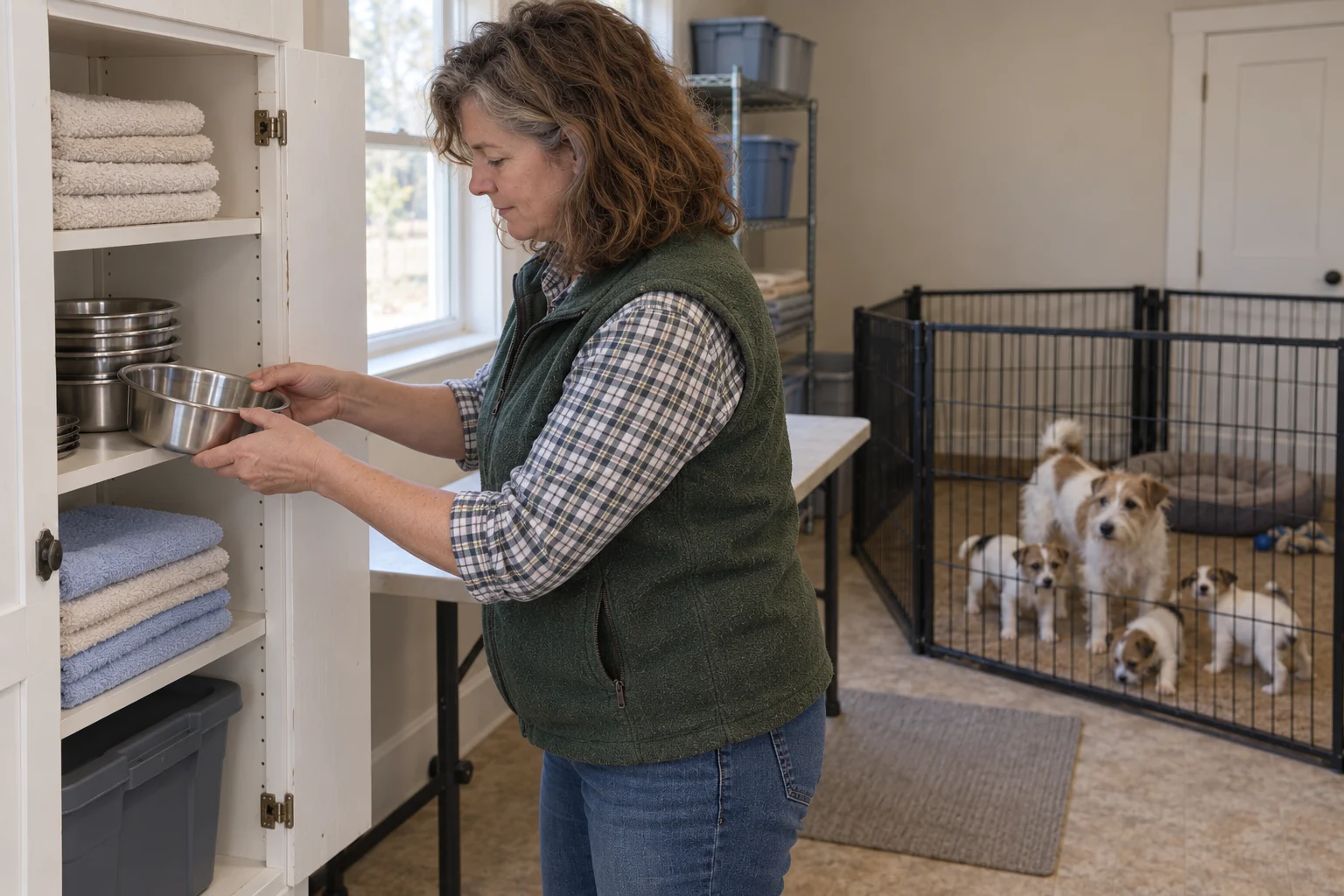 A caregiver returns a dry steel bowl to a plain cupboard shelf, with terriers in their pen farther away.