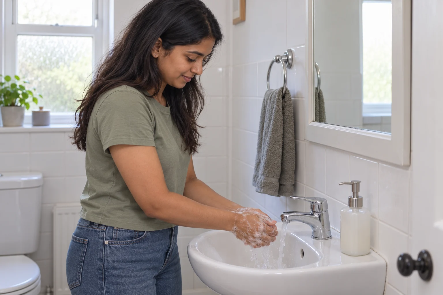 A visitor washes soapy hands at a plain bathroom sink with running water.