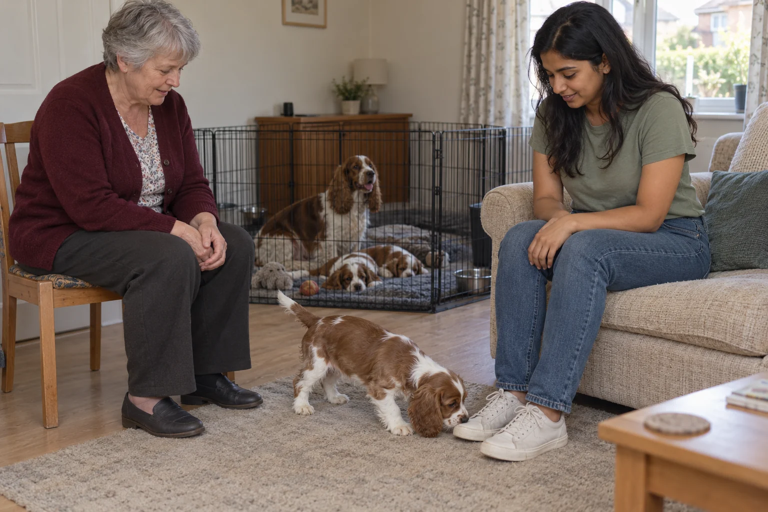 An older breeder and a younger seated visitor watch a spaniel puppy approach the visitor’s shoe in an ordinary sitting room.