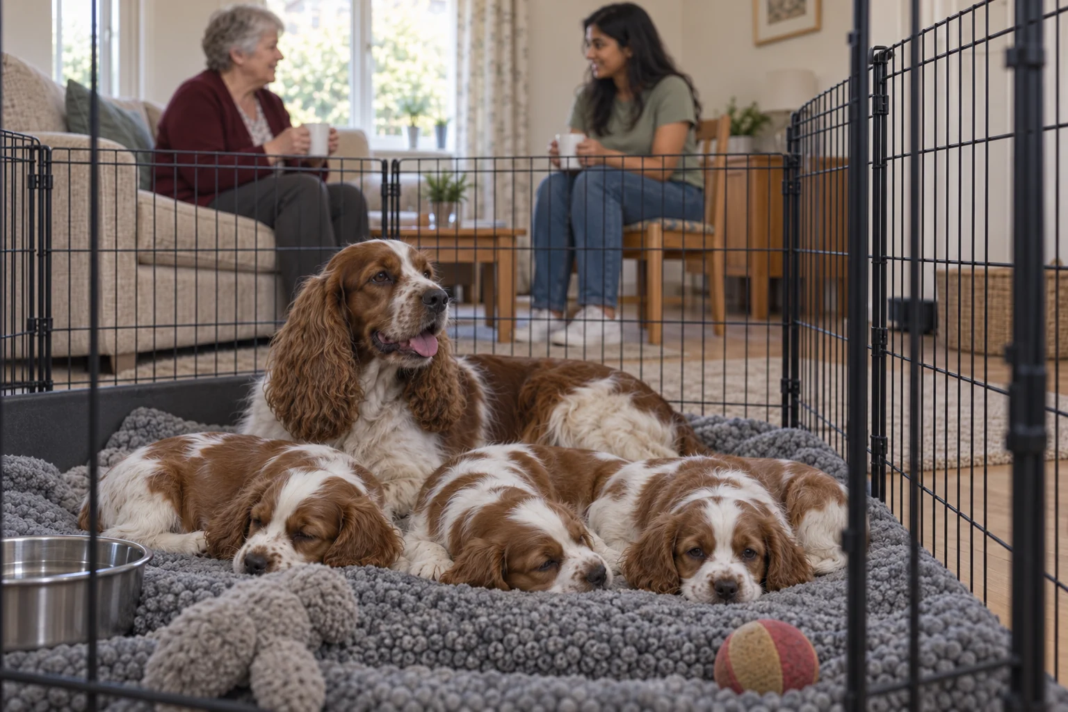A spaniel mother and three puppies rest inside their pen while the breeder and visitor talk over mugs farther away.