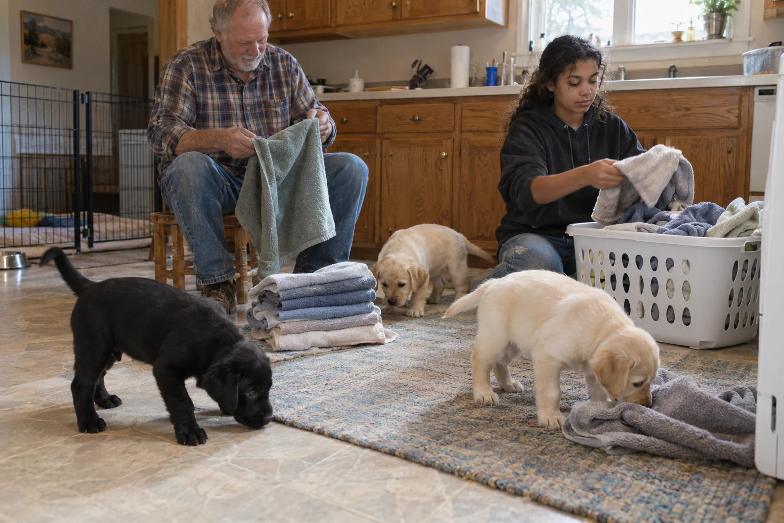 An older man and a teenager fold towels in a practical kitchen while three Labrador puppies explore the rug and floor beside them.