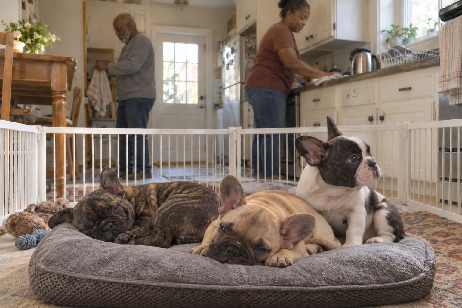 Three French bulldog puppies rest in different positions on a bed inside a kitchen pen while two adults wipe the counter and put away a towel.