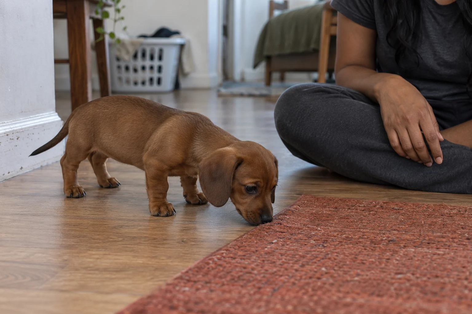A red dachshund puppy sniffs the edge of a faded rust-colored rug on level flooring while a woman sits nearby.