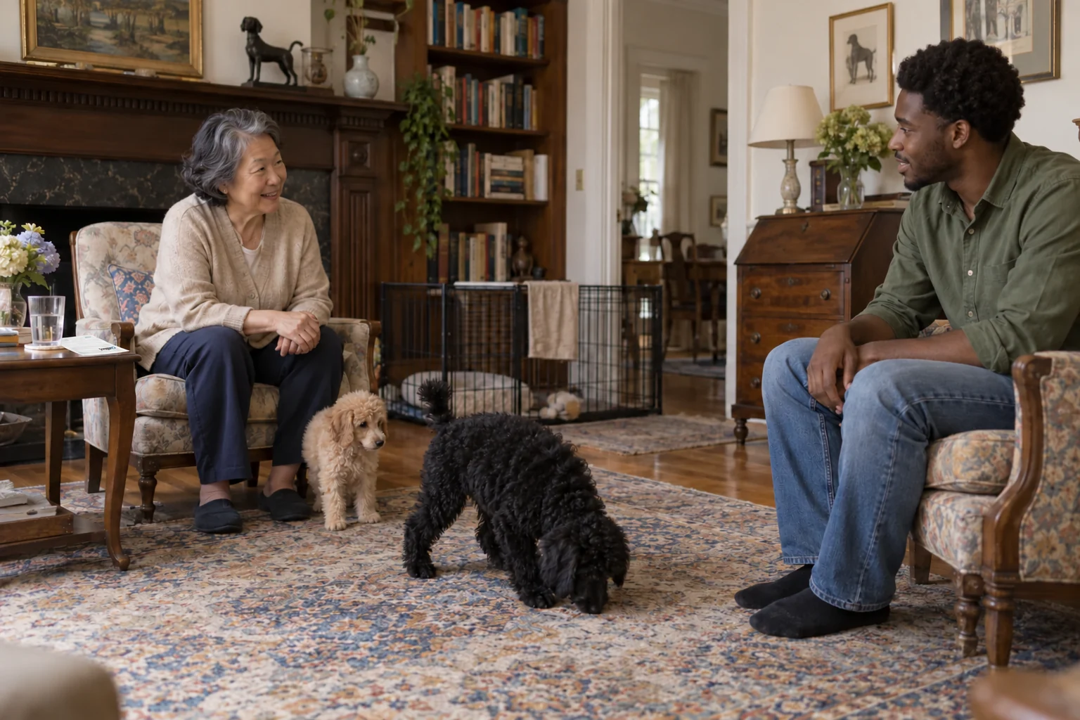 An older woman and a young male visitor sit talking in a furnished living room while black and apricot poodle puppies explore the rug.