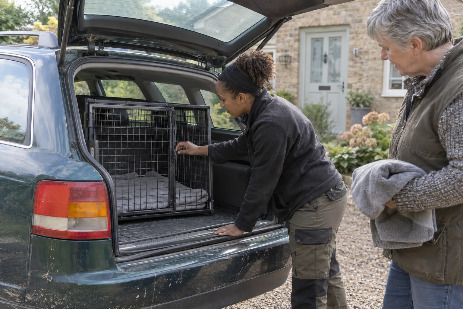 Two adults prepare an empty transport crate in the open hatch of a stationary car.