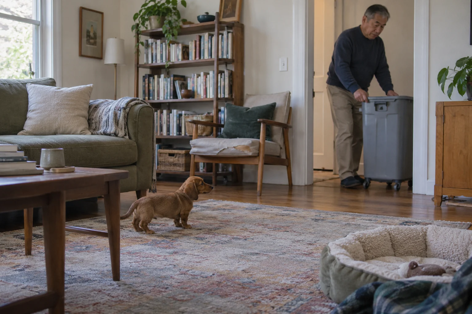 An older man moves a wheeled laundry container across a doorway while a dachshund puppy stands on a rug several feet away.