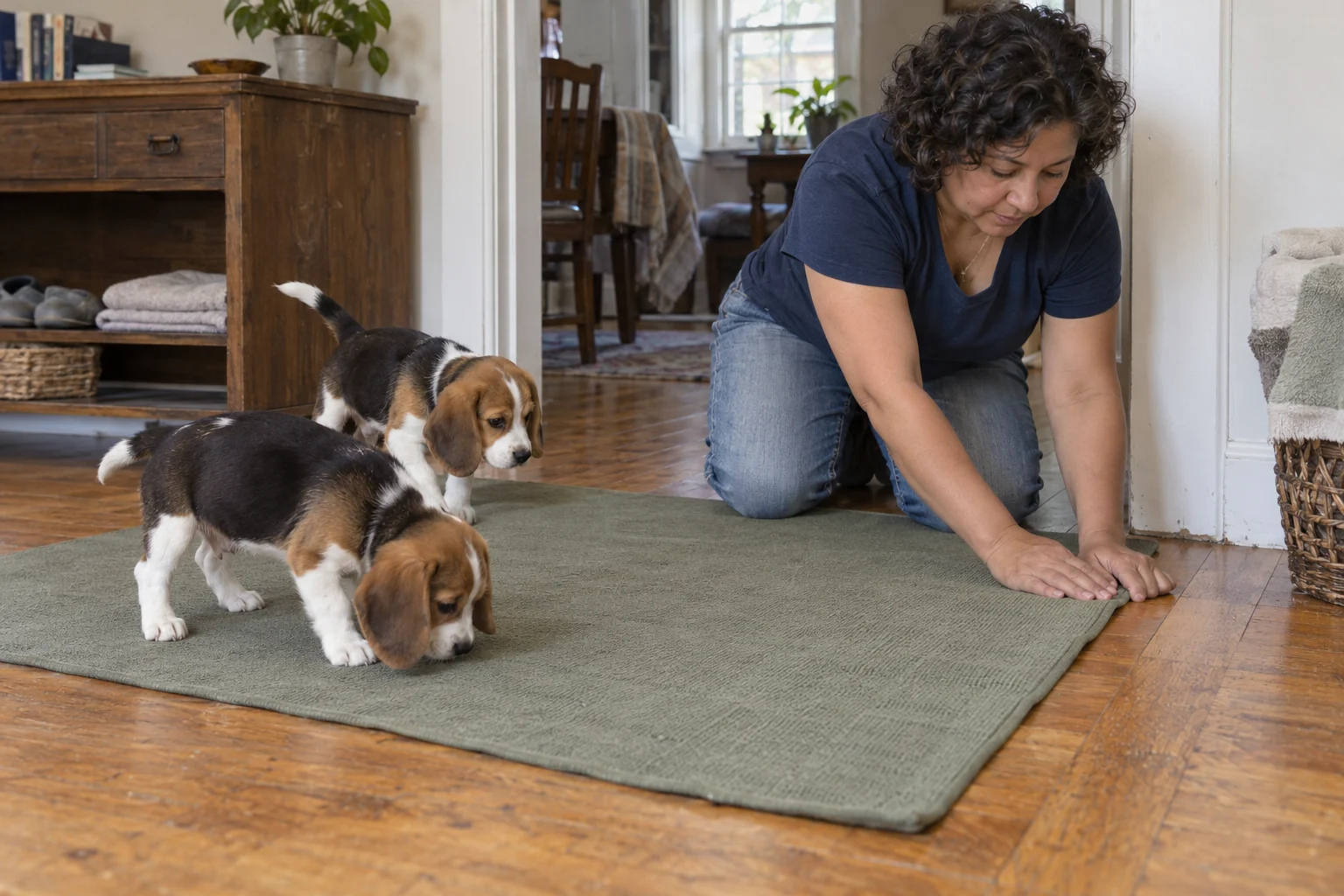 A woman smooths a plain mat on a wooden floor while two beagle puppies investigate it.